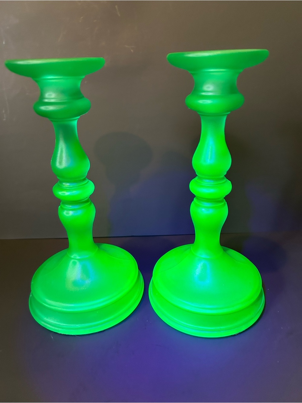 Tiffin Green Satin Uranium Glass Candlesticks 1930’s Pair of 2